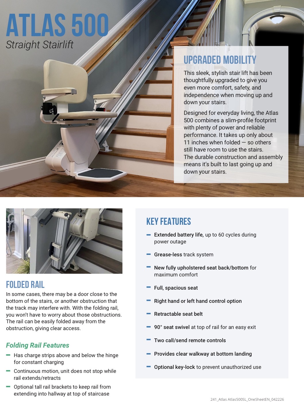 Atlas 500 Straight Stairlift installed on a staircase